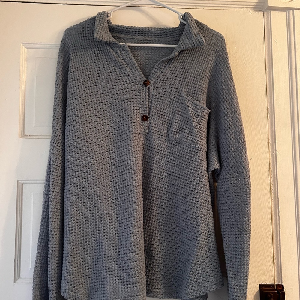 Women's Blue Waffle Knit Top